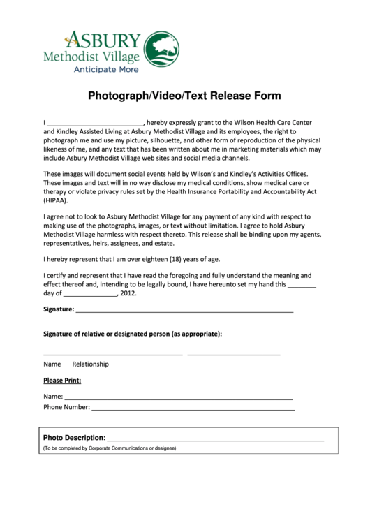 Photograph Video Release Form Printable pdf