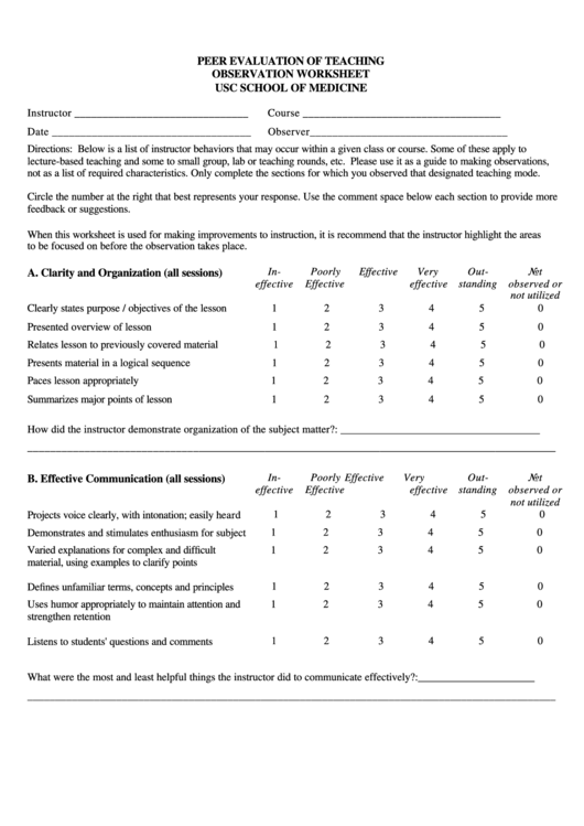 Peer Evaluation Of Teaching Observation Worksheet Printable pdf