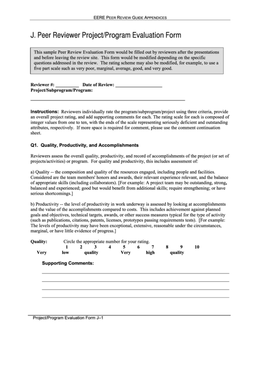 Peer Reviewer Project / Program Evaluation Form Printable pdf