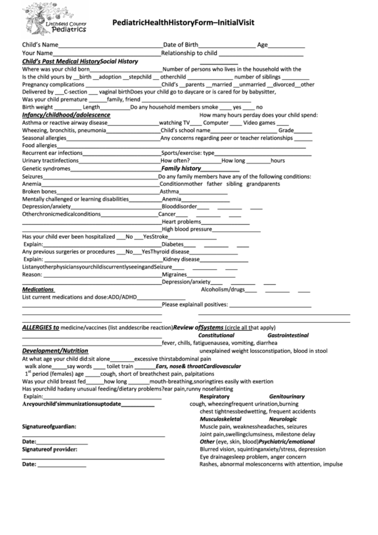 Pediatric Health History Form - Initial Visit Printable pdf