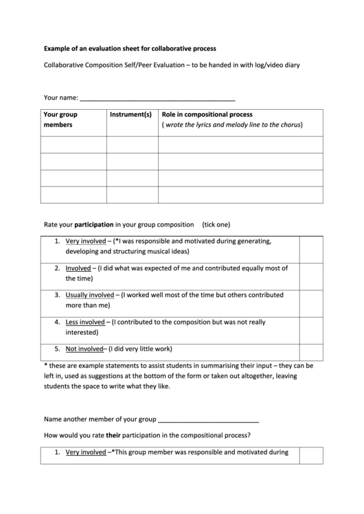 Example Of An Evaluation Sheet For Collaborative Process Printable pdf