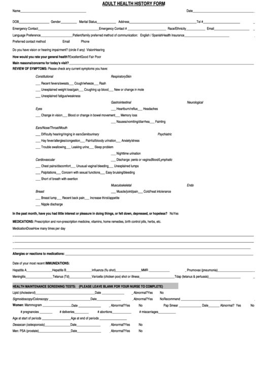Adult Health History Form - Ut Physicians Printable pdf