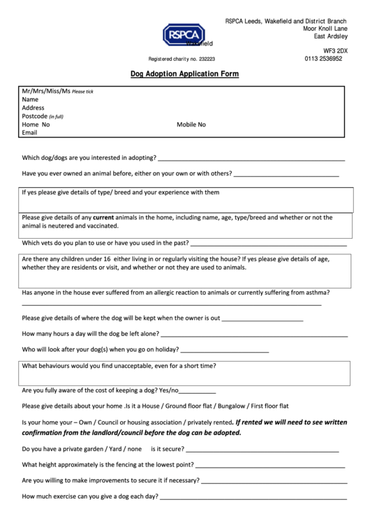 Dog Adoption Application Form Printable pdf