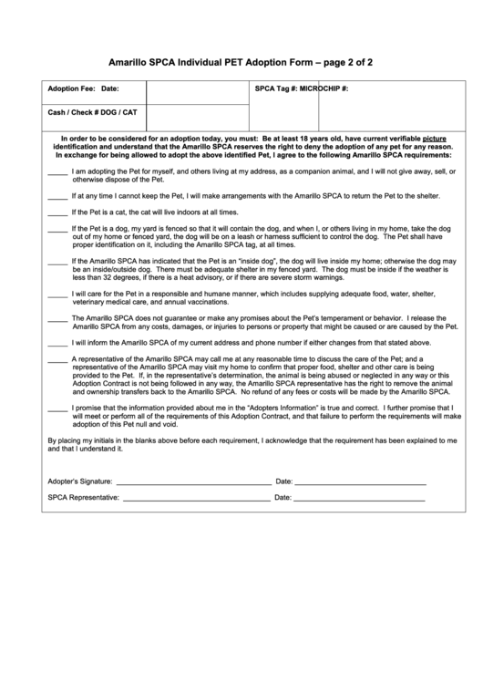 Amarillo Spca Individual Pet Adoption Form Printable pdf