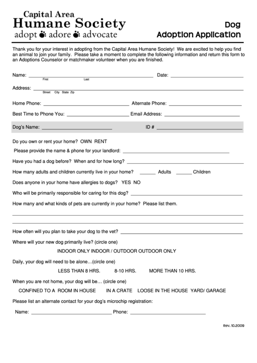 Dog Adoption Application - Capital Area Humane Society Printable pdf