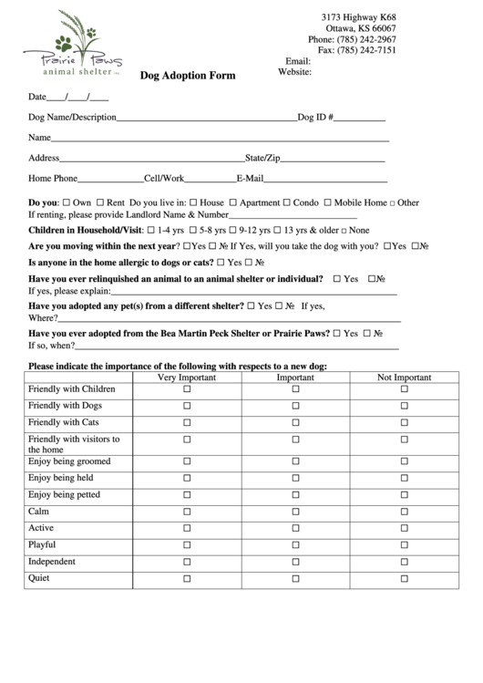 Dog Adoption Form Date Printable pdf