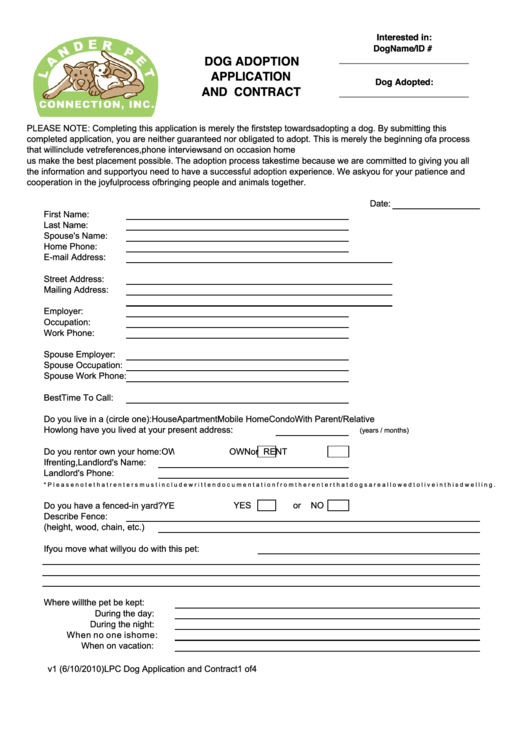 Dog Adoption Application And Contract Printable pdf