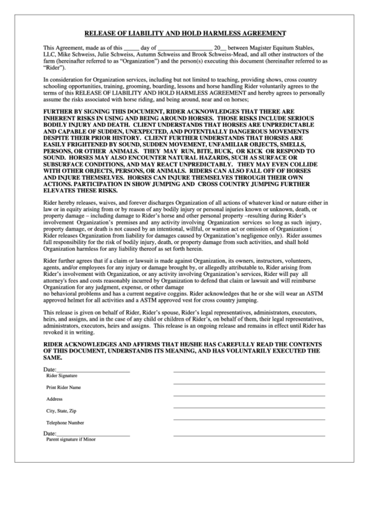 Release Of Liability And Hold Harmless Agreement Printable pdf