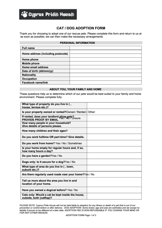 Cat/dog Adoption Form Printable pdf