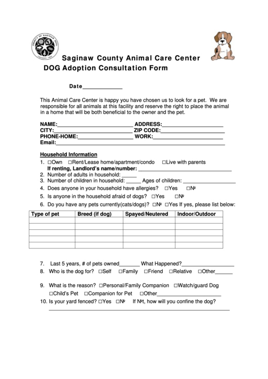Fillable Dog Adoption Form Printable pdf