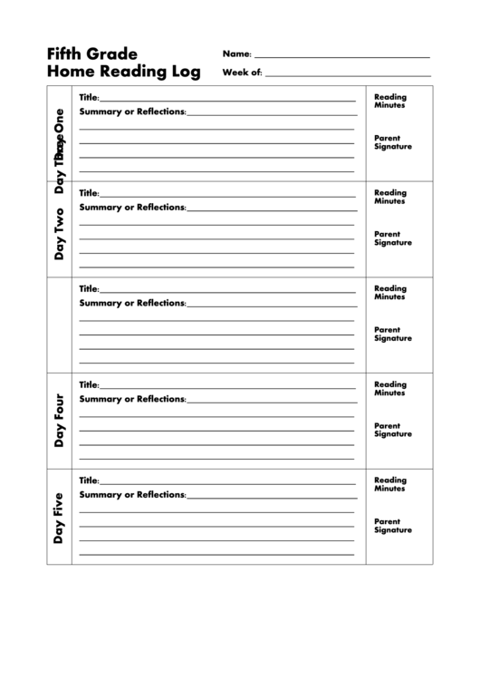 Fifth Grade Home Reading Log Printable pdf