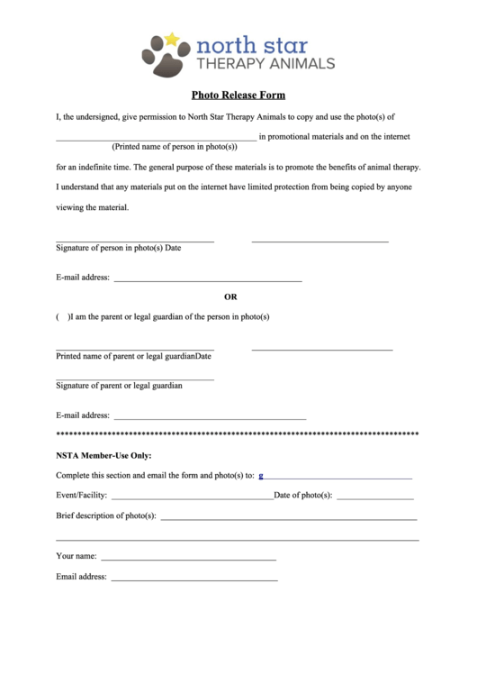 Photo Release Form - North Star Therapy Animals Printable pdf