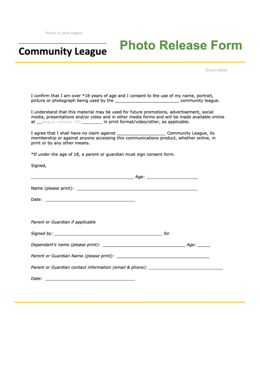 Photo Release Form - Community League Printable pdf