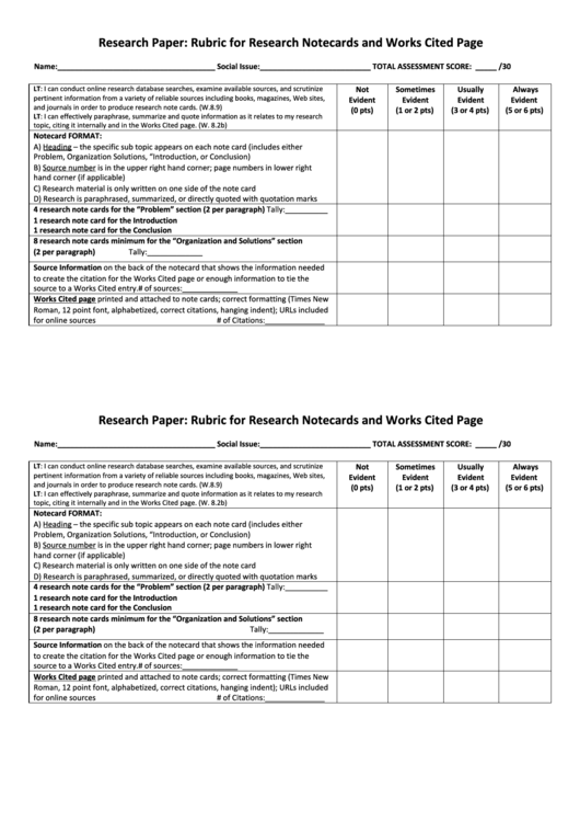 Research Paper: Rubric For Research Notecards And Works Cited Page