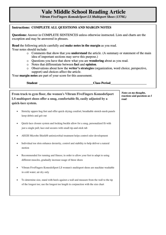 Vale Middle School Reading Article Questionnaire Template Printable pdf