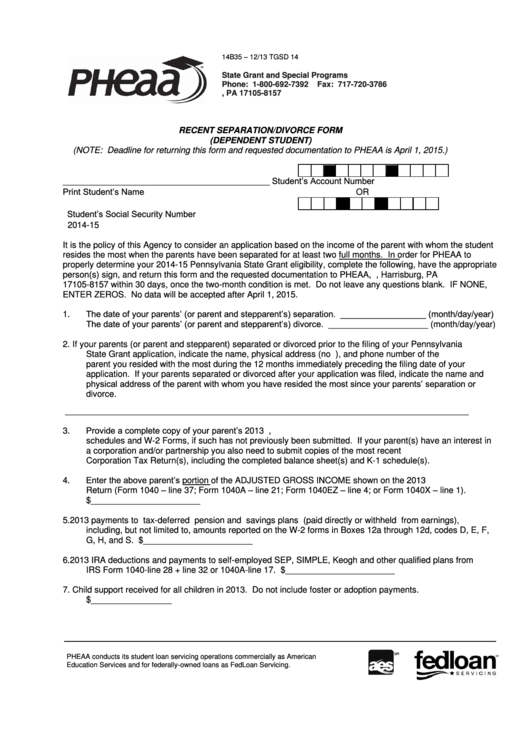 Recent Separation/divorce Form (Dependent Student) Printable pdf