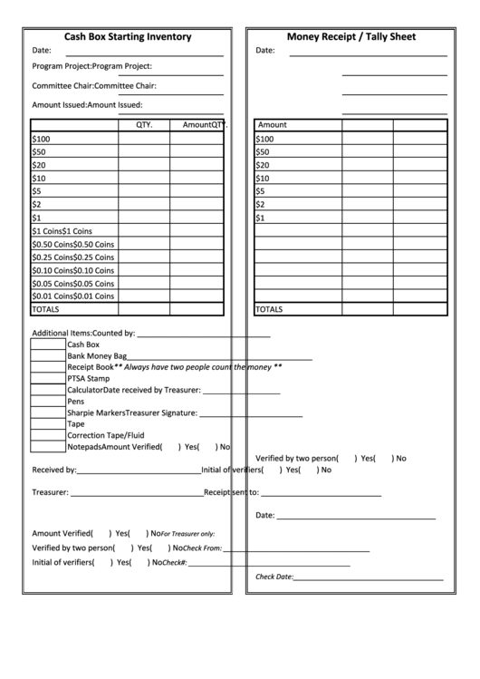 Cash Box Starting Inventory; Money Receipt / Tally Sheet printable pdf