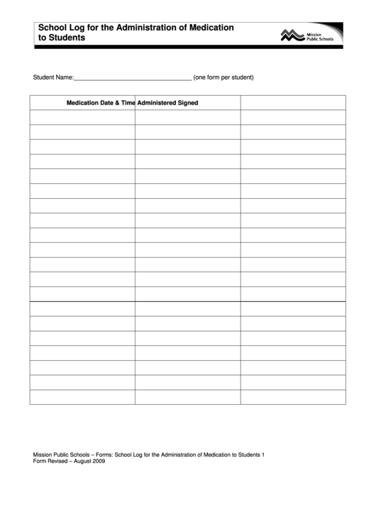 School Log For The Administration Of Medication To Students Printable pdf