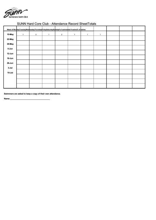 Sunn Hard Core Club - Attendance Record Sheet Printable pdf