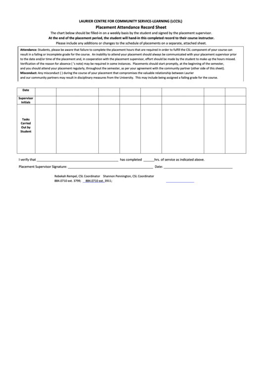 Placement Attendance Record Sheet Printable pdf