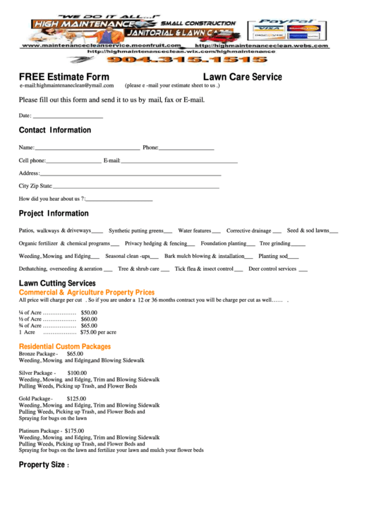 Estimate Form Lawn Care Service Printable pdf