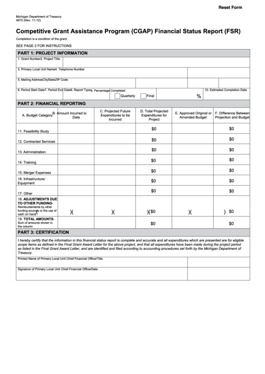Fillable Form 4972 - Competitive Grant Assistance Program Cgap Financial Status Report - 2012 Printable pdf