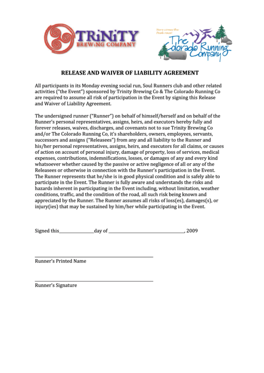 Release And Waiver Of Liability Agreement Printable pdf