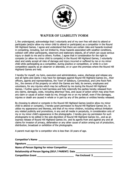 Waiver Of Liability Form - The Round Hill Highland Games Printable pdf