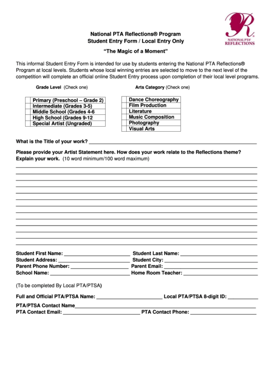 National Pta Reflections Program Student Entry Form Printable pdf