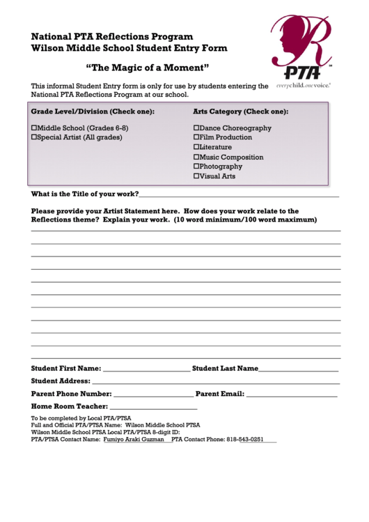 National Pta Reflections Program Wilson Middle School Student Entry Form Printable pdf