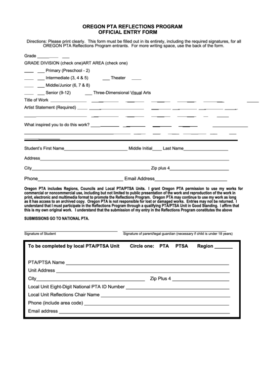 Oregon Pta Reflections Program Official Entry Form Printable pdf