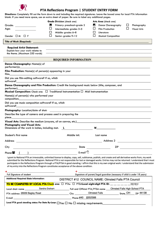 Fillable Ptareflectionsprogram Studententryform Printable pdf