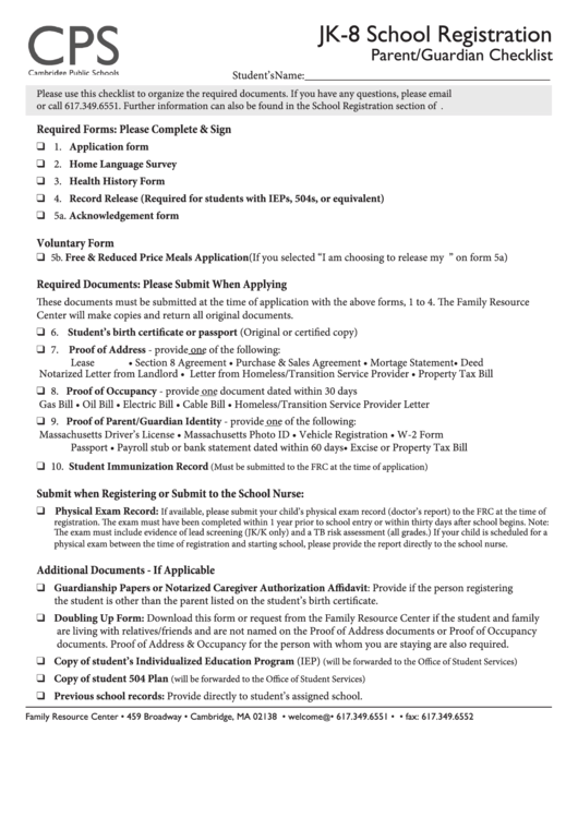 Jk-8 School Registration Parent/guardian Checklist Printable pdf