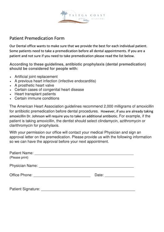 Patient Premedication Form Talega Coast Dentistry printable pdf download