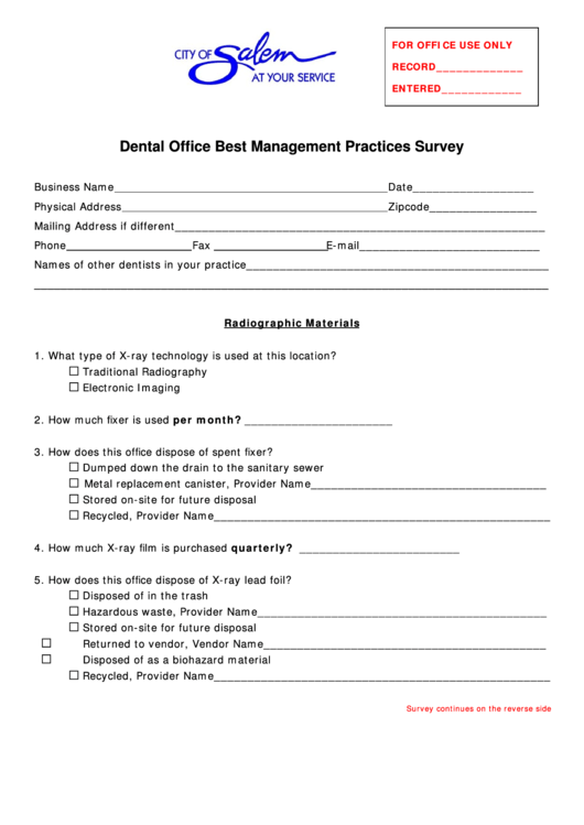 Fillable Dental Office Best Management Practices Survey - City Of Salem Printable pdf