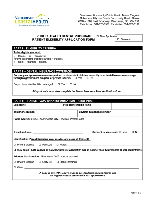 Public Health Dental Program Patient Eligibility Application Form Printable pdf