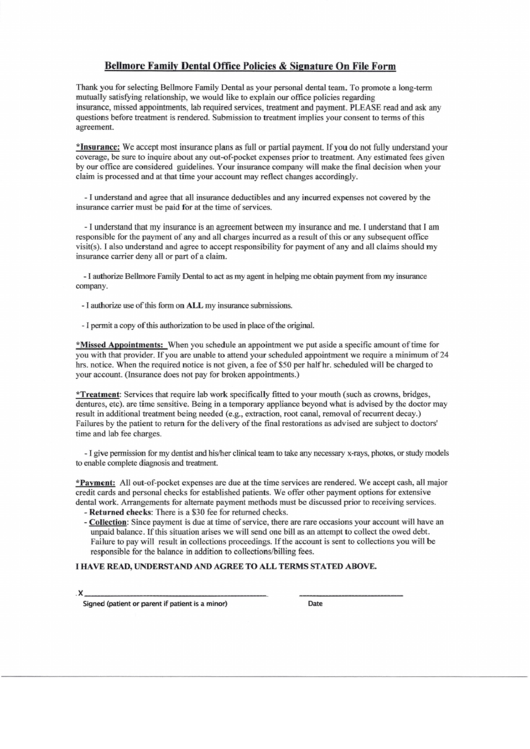 Bellmore Family Dental Office Policies - Signature On File Form Printable pdf