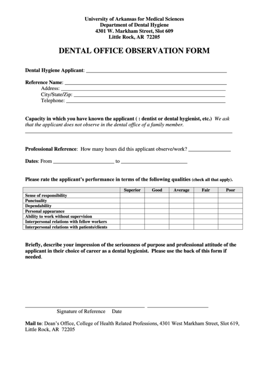 Dental Office Observation Form printable pdf download