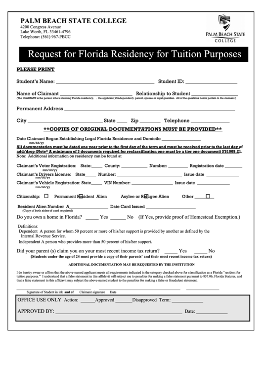 Request For Florida Residency For Tuition Purposes Printable pdf