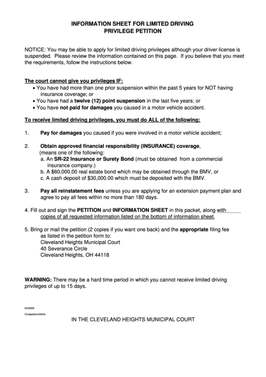 Information Sheet For Limited Driving Privilege Petition Printable pdf