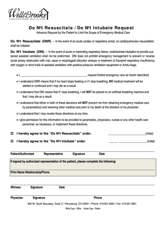 Do Not Resuscitate Or Intubate Request Form-Oh - Wellsbrooke Printable pdf