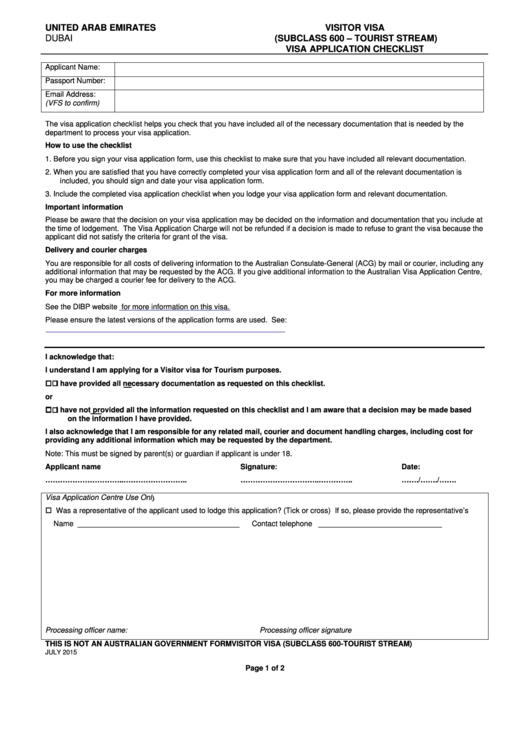 Form Visitor Visa Subclass 600 Tourist Stream Visa Application Checklist United Arab