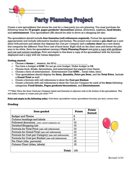 Party Planning Project Printable pdf