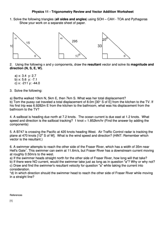 Trigonometry Review And Vector Addition Worksheet Printable pdf