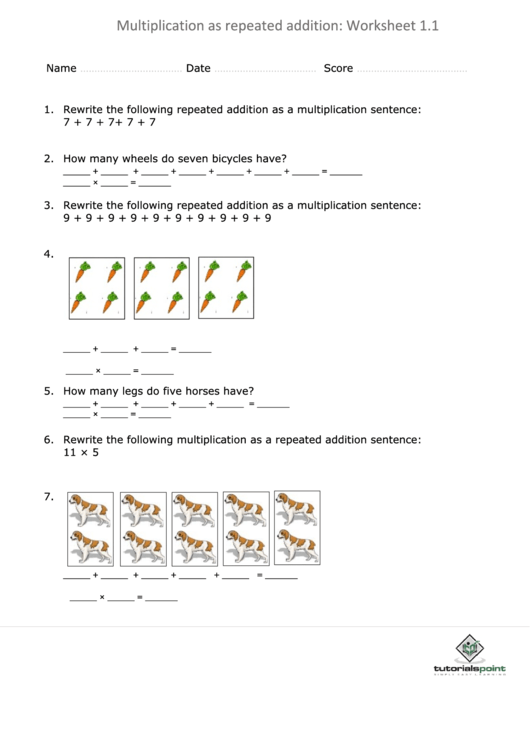 Multiplication As Repeated Addition Worksheet Printable pdf