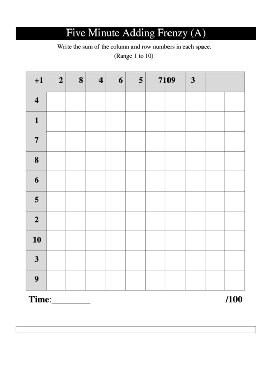 Addition Worksheet Five Minute Adding Frenzy Printable pdf