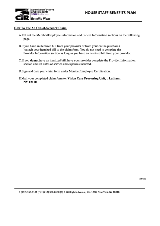 Fillable Cirseiu House Staff Benefits Plan Direct Reimbursement Claim Form - 2009 Printable pdf