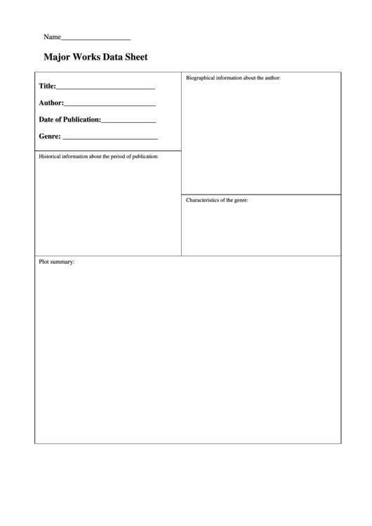 Major Works Data Sheet Template Printable pdf