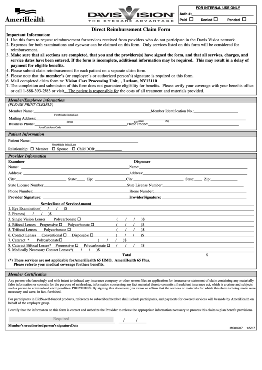 Form Ms00207 - Amerihealth Direct Reimbursement Claim Form - 2007 Printable pdf