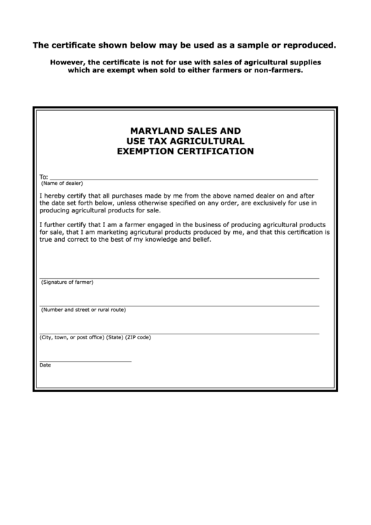 Maryland Sales And Use Tax Agricultural Exemption Certification Printable pdf